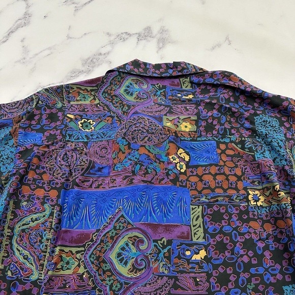 Punch Womens Vintage 90s Silk Oversize Shirt Size M Purple Blue Abstract Floral - Picture 8 of 11